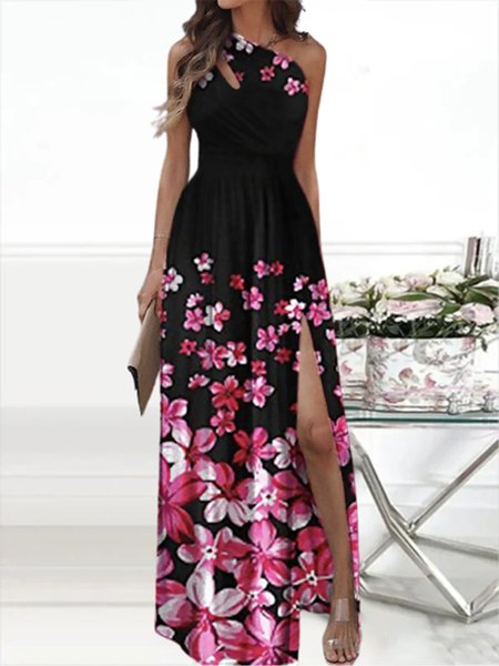 

Floral Sleeveless One Shoulder Casual Knitting Dresses, Black, Maxi Dresses