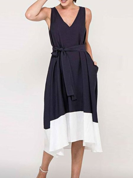 

V Neck Loosen Color Block Sleeveless Woven Dress, Dark blue, Midi Dresses