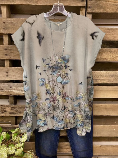 

Boho Crew Neck Regular Fit Short Sleeve Tops, As picture, Tees & T-shirts