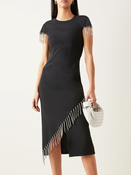 

Crew Neck Elegant Short Sleeve Knit Dress, Black, Midi Dresses