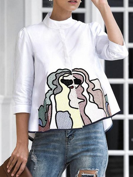 

Daily Regular Fit Stand Collar Mid Sleeve Blouse, White, Blouses and Shirts