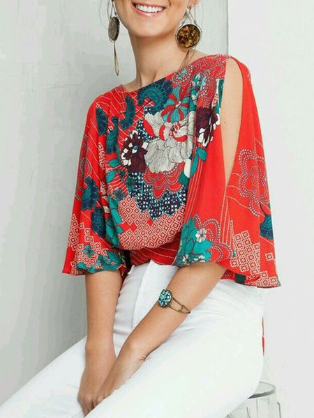 

Regular Fit Floral Crew Neck Short Sleeve Top, Red, Tops
