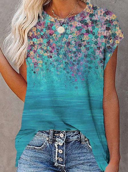 

Floral Crew Neck Vacation Short Sleeve T-Shirt, Blue, T-Shirts