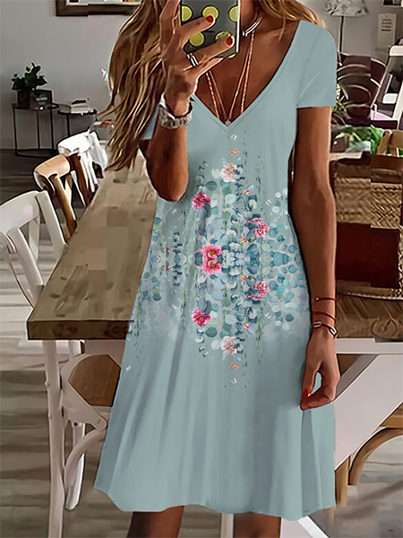 

Plus size Casual Short Sleeve Floral Dress, Green, Mini Dresses