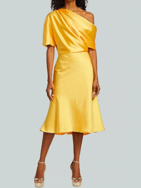 

Summer Lightweight Regular Fit Satin Elegant Short Sleeve Woven Dress, Yellow, Midi Dresses