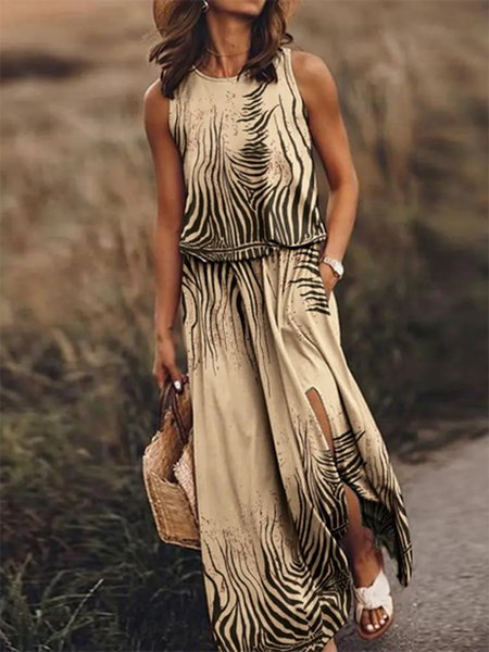

Crew Neck Printed Loosen Sleeveless Woven Dresses, As picture, Maxi Dresses