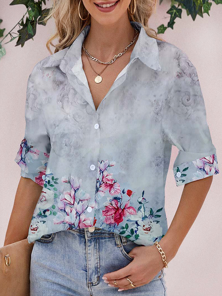 

floral gradient print Shirt Collar Ombre Loosen Short Sleeve Blouse, Light blue, Blouses & Shirts