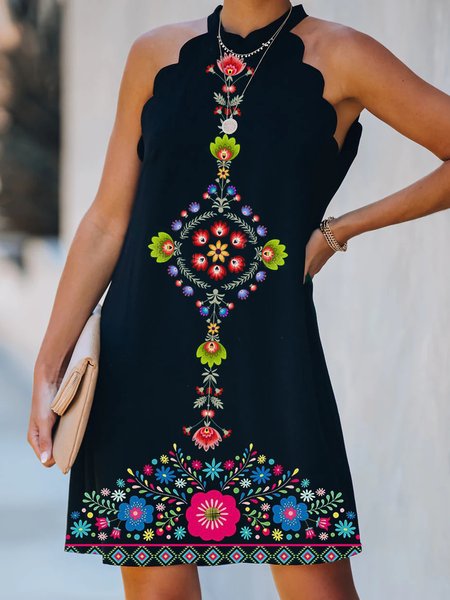 

Vacation Regular Fit Tribal Floral Printed Sleeveless Knitting Dresses, Black, Mini Dresses
