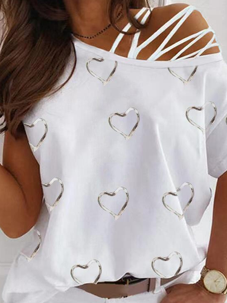 

Loosen Off The Shoulder Heart Short Sleeve T-Shirt, White, T-Shirts