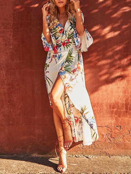 

Regular Fit V Neck Vacation Short Sleeve Woven Dress, Multicolor, Maxi Dresses