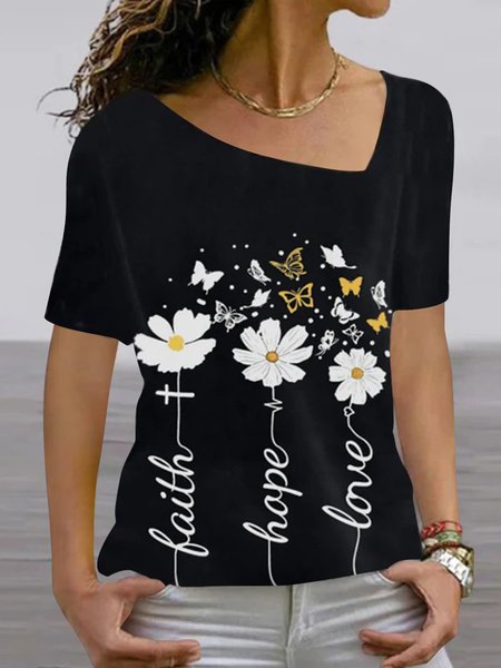 

Floral Loosen Short Sleeve T-Shirt, Black, T-Shirts