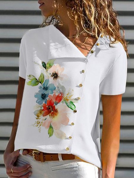 Buy Casual Floral Loosen Short Sleeve Blouse, Blouses & Shirts, Zolucky, White