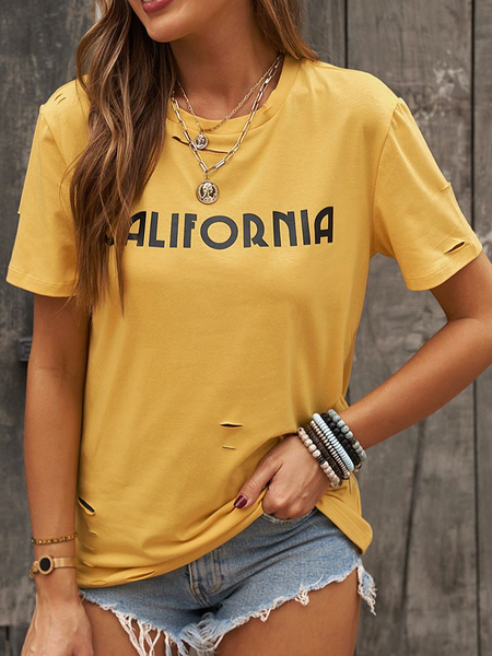 

Yellow California Letters Distressed T-Shirt Loosen Crew Neck Letter Short Sleeve T-Shirt, T-Shirts