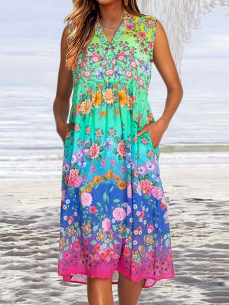 

Floral Regular Fit V Neck Sleeveless Woven Dresses, Multicolor, Dresses