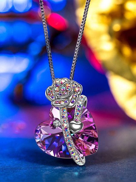 

Luxurious Colorful Large Gemstone Full Diamond Rose Necklace, Purple, Necklaces