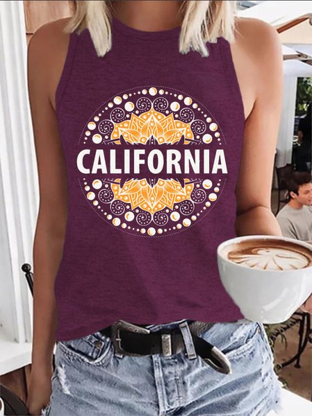 

California Mandala Print Crew Neck Top, Wine red, Tank Tops