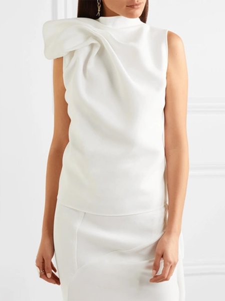 

Asymmetrical Neck Solid Elegant Sleeveless Top, White, Tops