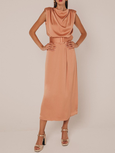 

Formal Solid Elegant Sleeveless Woven Dress, Orange pink, Maxi Dresses