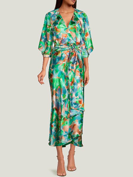 

Summer Lightweight Elegant Abstract Short Sleeve Woven Fit and FlareX Dress, Green, Maxi Dresses