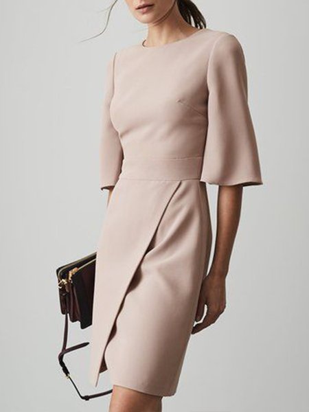 

Elegant Formal Crew Neck Half Sleeve Solid Dress, Dusty pink, Midi Dresses