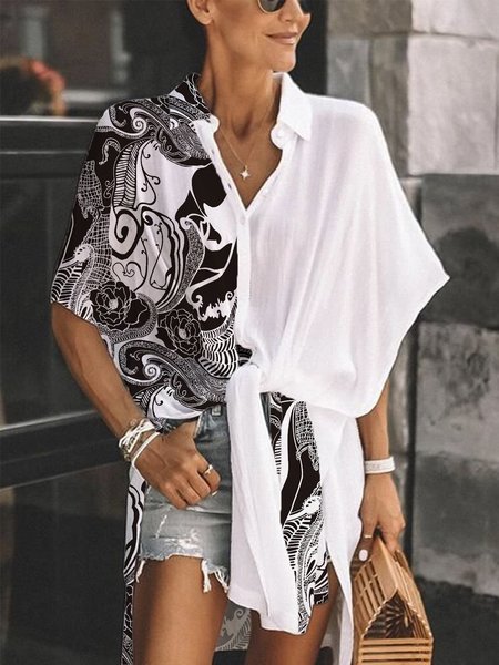 

Casual Loosen Shirt Collar Short Sleeve Blouse, Black-white, Blouses and Shirts