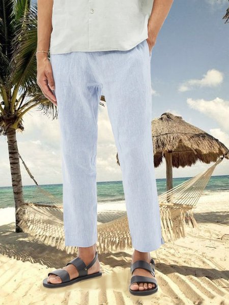 

Cotton And Linen Casual Pants, Blue, Pants