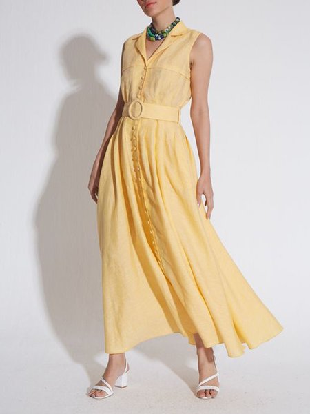 

Solid Daily Casual Sleeveless Woven Dress, Yellow, Maxi Dresses
