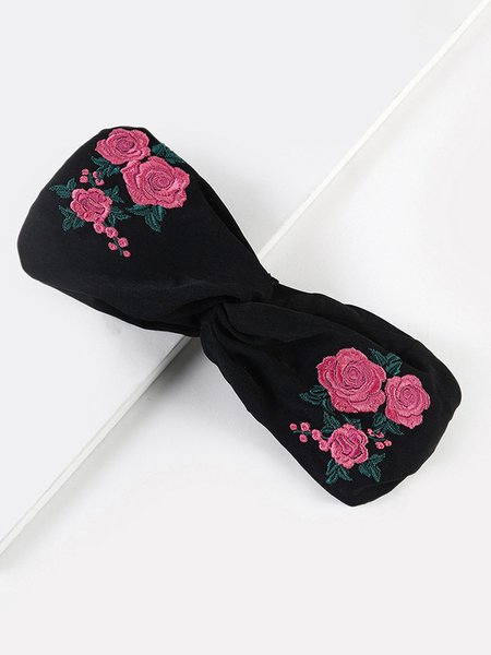 

JFN Ethnic Leisure Embroidered Rose Flower Wide Border Cross Solid Color Hairband, As picture, Women Hair Accessories