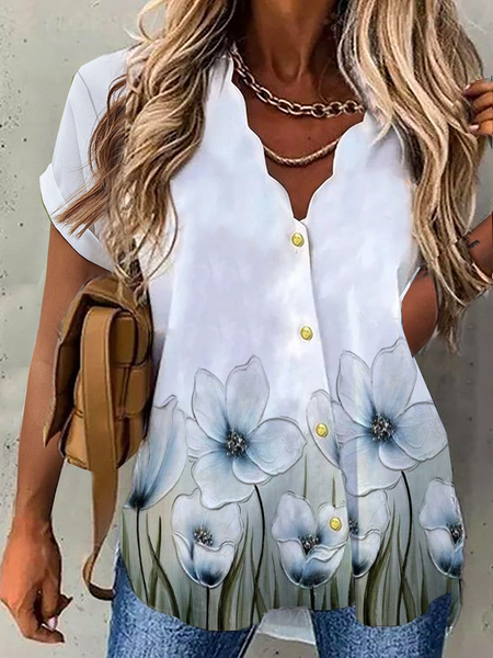 

V Neck Casual Floral Short Sleeve Blouse, White, Blouses & Shirts