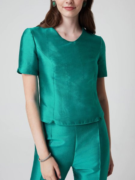 

Simple V Neck Solid Regular Fit Short Sleeve Top, Green, Tops