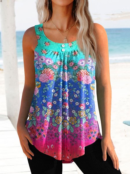 

Vacation Round Neck Floral Knit, Multicolor, Tanks & Camis