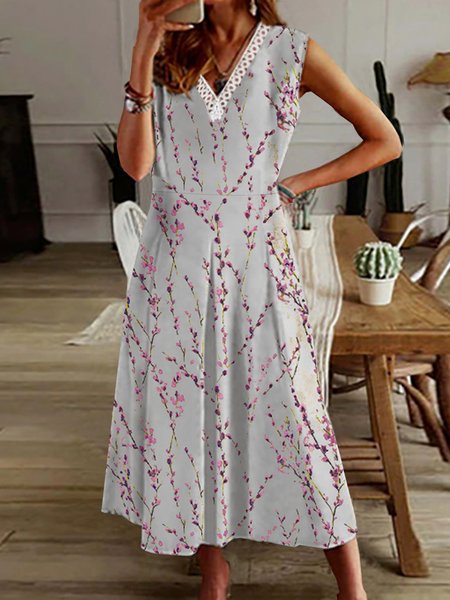 

Vacation Floral Printed Casual Loosen V Neck Plus Size Sleeveless Knitting Dresses, Flower, Mini Dresses
