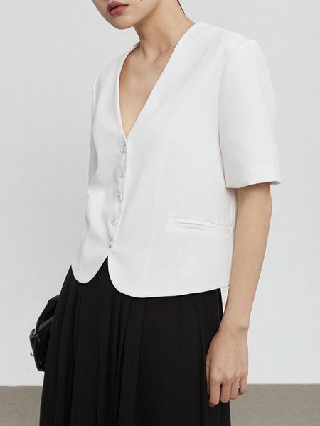 

V neck Short sleeve Regular Fit Simple Blazer, White, Blazers