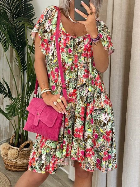 

Boho Short Sleeve Woven Dress, Red, Mini Dresses