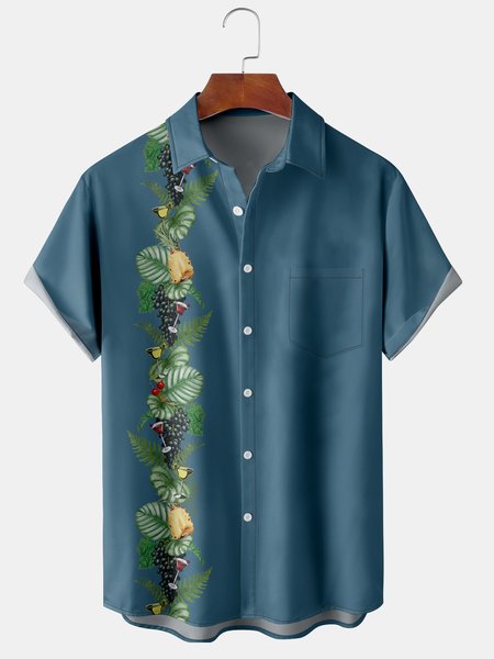 

Men's Palm Leaf Cocktail Fruit Print Casual Breathable Bowling Short Sleeve Shirt, Blue, Men's Floral shirt