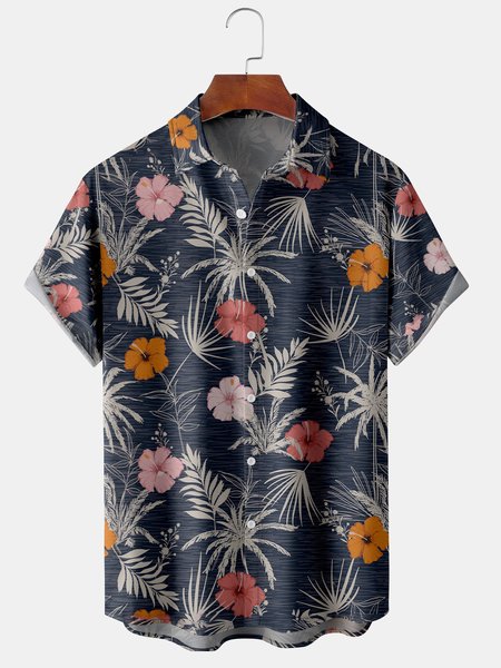 

Men's Hibiscus Flower Print Casual Breathable Short Sleeve Shirt, Purplish blue, Men's Floral shirt