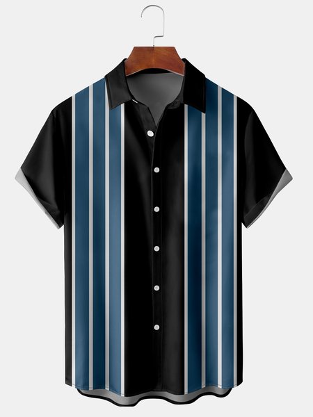 Men's Blue Striped Print Casual Breathable Bowling Short Sleeve Shirt, Black-blue, Men's Floral shirt