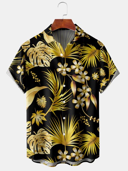 

Gold Leaf Graphic Men's Casual Short Sleeve Shirt, Black, Men's Floral shirt