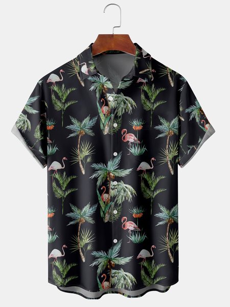 

Men's Coconut Flamingo Print Casual Breathable Short Sleeve Shirt, Black, Men's Floral shirt