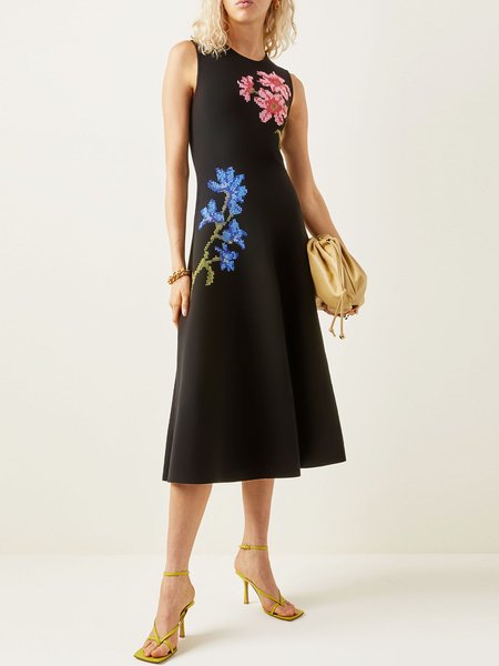 

Vacation Floral Sleeveless Knitting Dress, Black, Midi Dresses