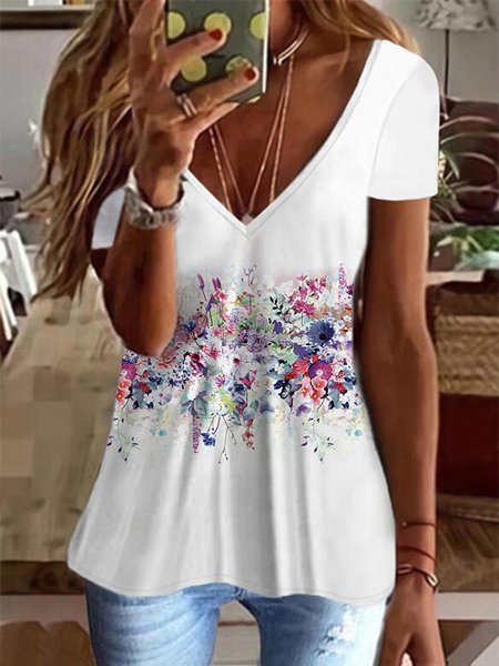 

V Neck Floral Short Sleeve Casual T-Shirt, White, T-Shirts