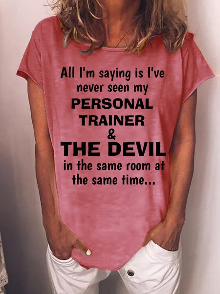 Funny Personal Trainer And The Devil Crew Neck Vacation Short Sleeve T-Shirt, Pink, T-shirts