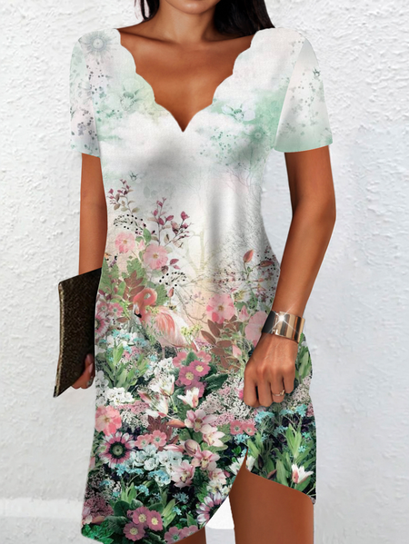 

Floral Loosen Short Sleeve Knit Dress, Green, Mini Dresses