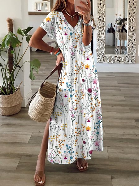 

Casual V neck Floral Loosen Short Sleeve Knit Dress, As picture, Maxi Dresses