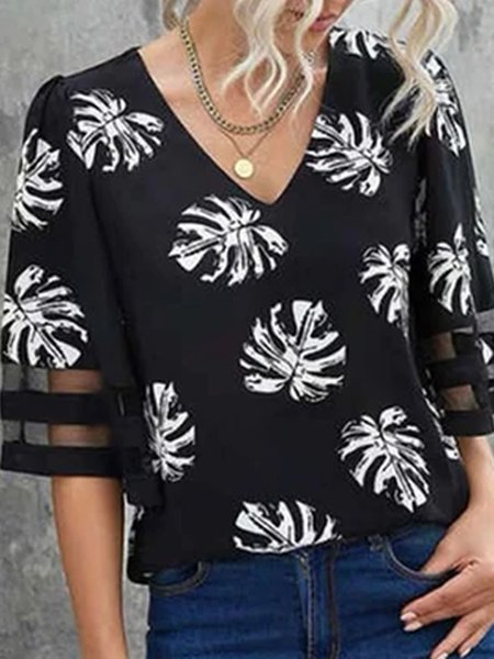 

Casual Loosen Leaves Short Sleeve Tops, Black, Tops