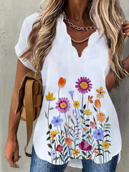 Floral V Neck Casual Short Sleeve Loosen Tops, White, Tops