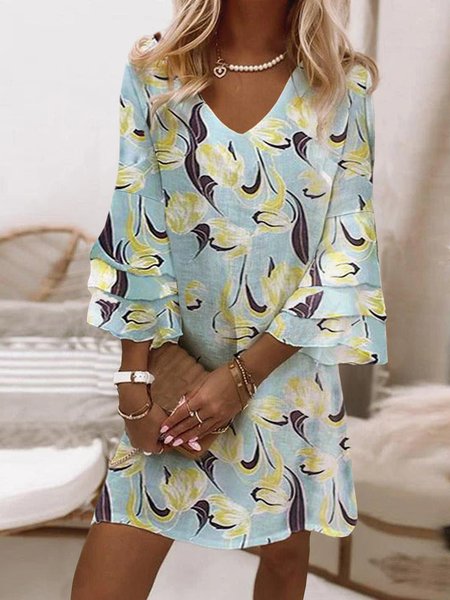 

Casual Floral V Neck Short Sleeve Woven Dress, Flower, Mini Dresses