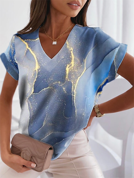 

Loosen V Neck Abstract Short Sleeve Tops, Blue, Tops