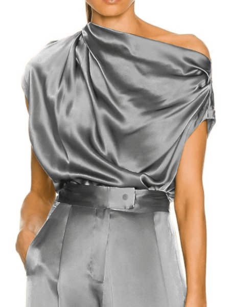 

Spring Elegant Loosen Short Sleeve Asymmetrical Neck Lightweight Top, Gray, Blouses and Shirts