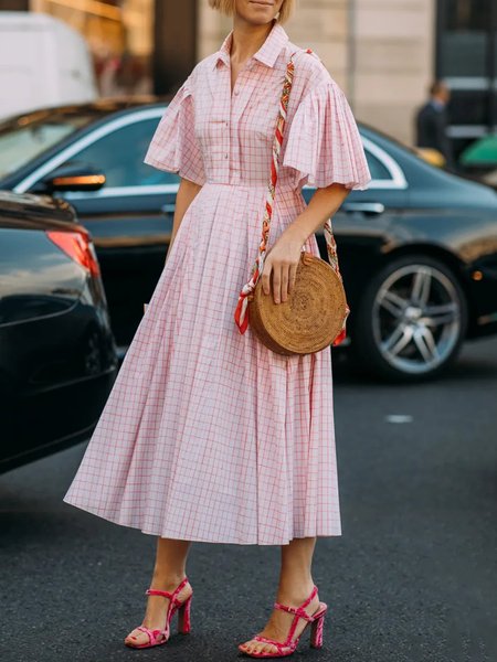 

Regular Fit Simple Half sleeve Woven Dress, Pink, Maxi Dresses